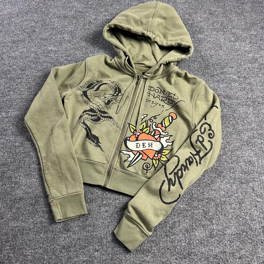 Ed Hardy Hoodie Womens Medium Green Dragon Tattoo Graphic Full Zip Fleece